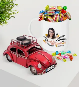 

Personalized Photo Birthday Platter Nostalgic Red Metal Beetle and Mug Haribo Candy Seti-9