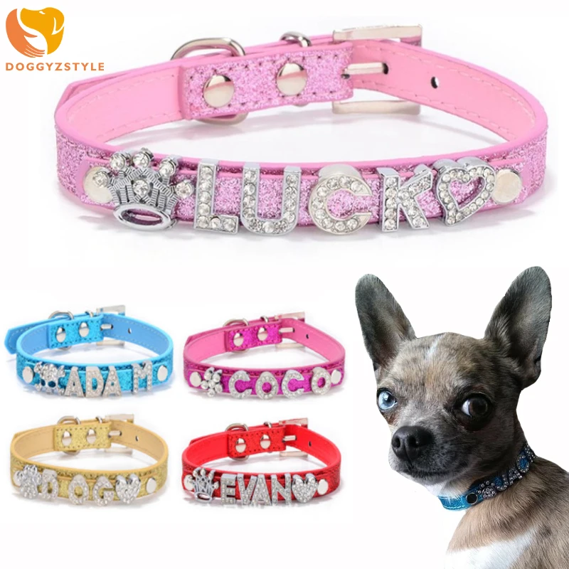Bling Leather Rhinestone Letter DIY Personalized Name Charm Cat Dog Puppy Collar 