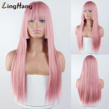 

Linghang Long Straight Hair Wig With Bangs Pink Black High Temperature Synthetic Wig Suitable for White/Black Women Wigs