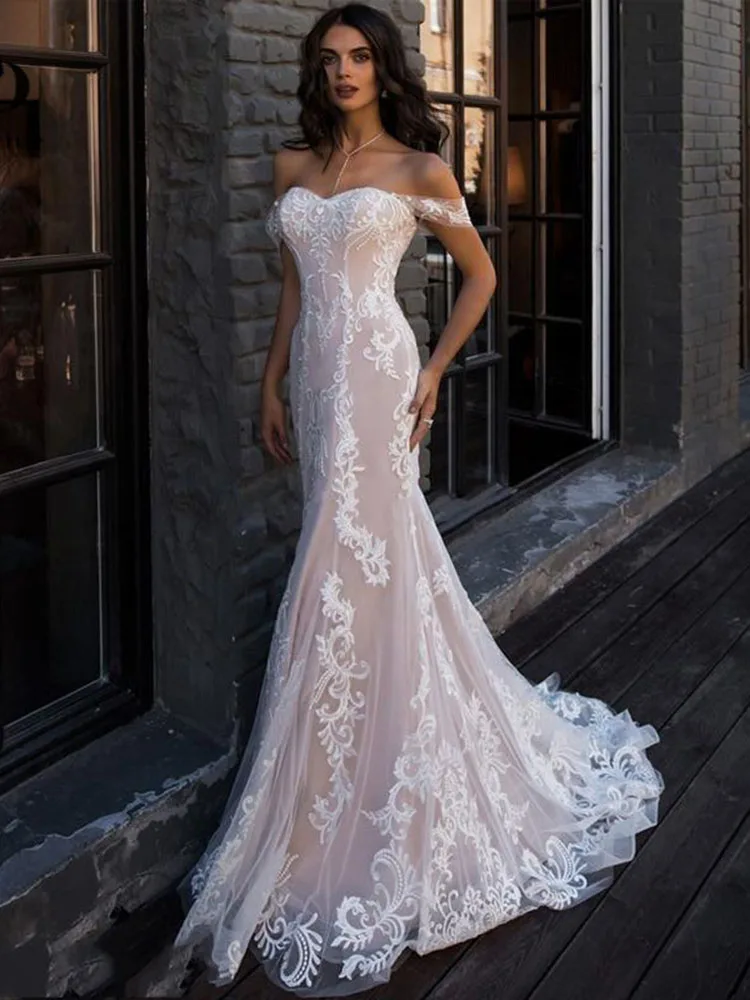 Off-the-Shoulder-Mermaid-Wedding-Dresses-Long-Appliques-Beach-Bridal-Gowns-Lace-Up-Back-Wedding-Gowns