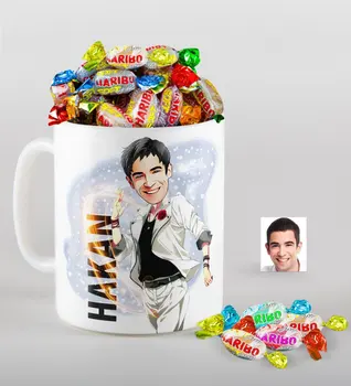 

Personalized Men 'S Caricature Of mug And Haribo Fruitbons Candy Gift Seti-34