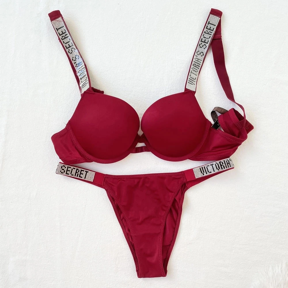 Victoria's Secret Women Sexy Rhinestones Comfortable Lingerie Femme Push Up Underclothes Bra And Panties 2 Piece Set Underwear