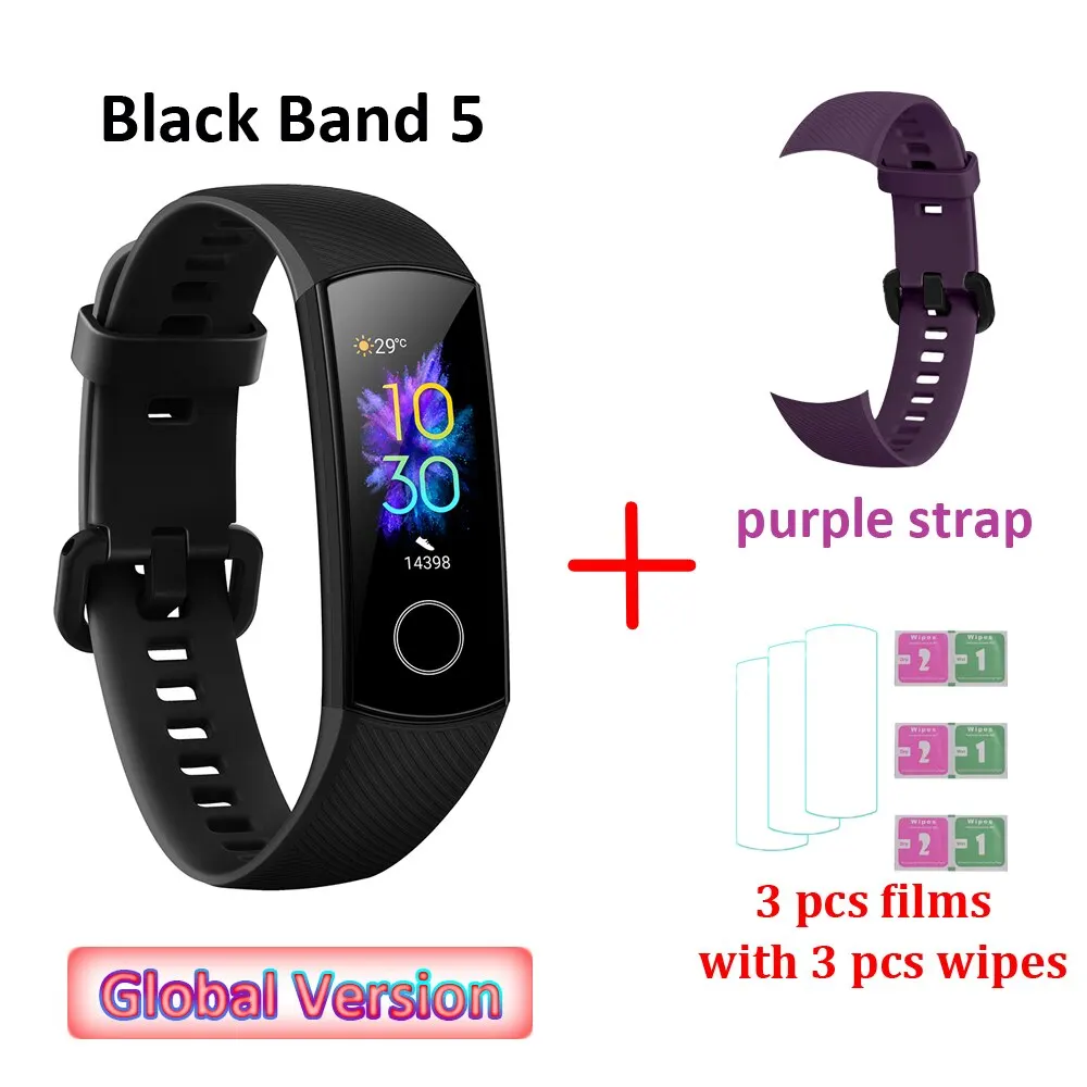 Global Versio huawei Honor Band 5 4, умный Браслет, умный браслет, шагомер, сенсорный экран, для плавания, сердечного ритма, сна, монитор - Цвет: PU strap and 3 films