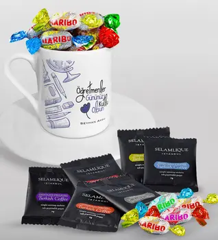 

Personalized Teachers Present-Day Happy Turkish coffee Cup Selamlique Mixed Turkish Coffee House and Haribo Candy Gift Seti-6