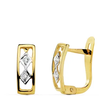 

Gold earrings two-tone 18k center rhombus 10mm. Zircons edge openwork first communion girl