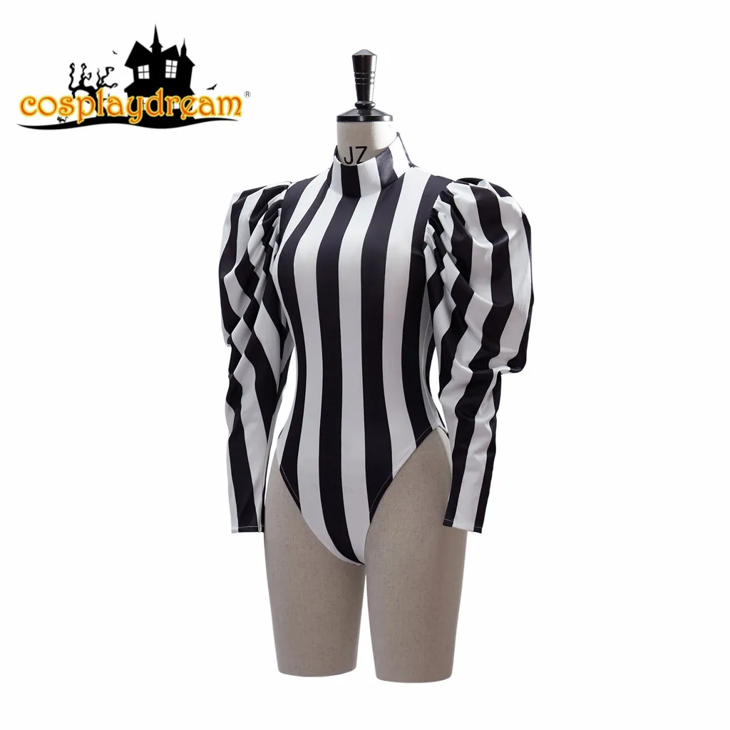 Miss Beetlejuice Costume Sexy dress Black and White Stripes Jumpsuit bodysuit Beetlejuice cosplay costume