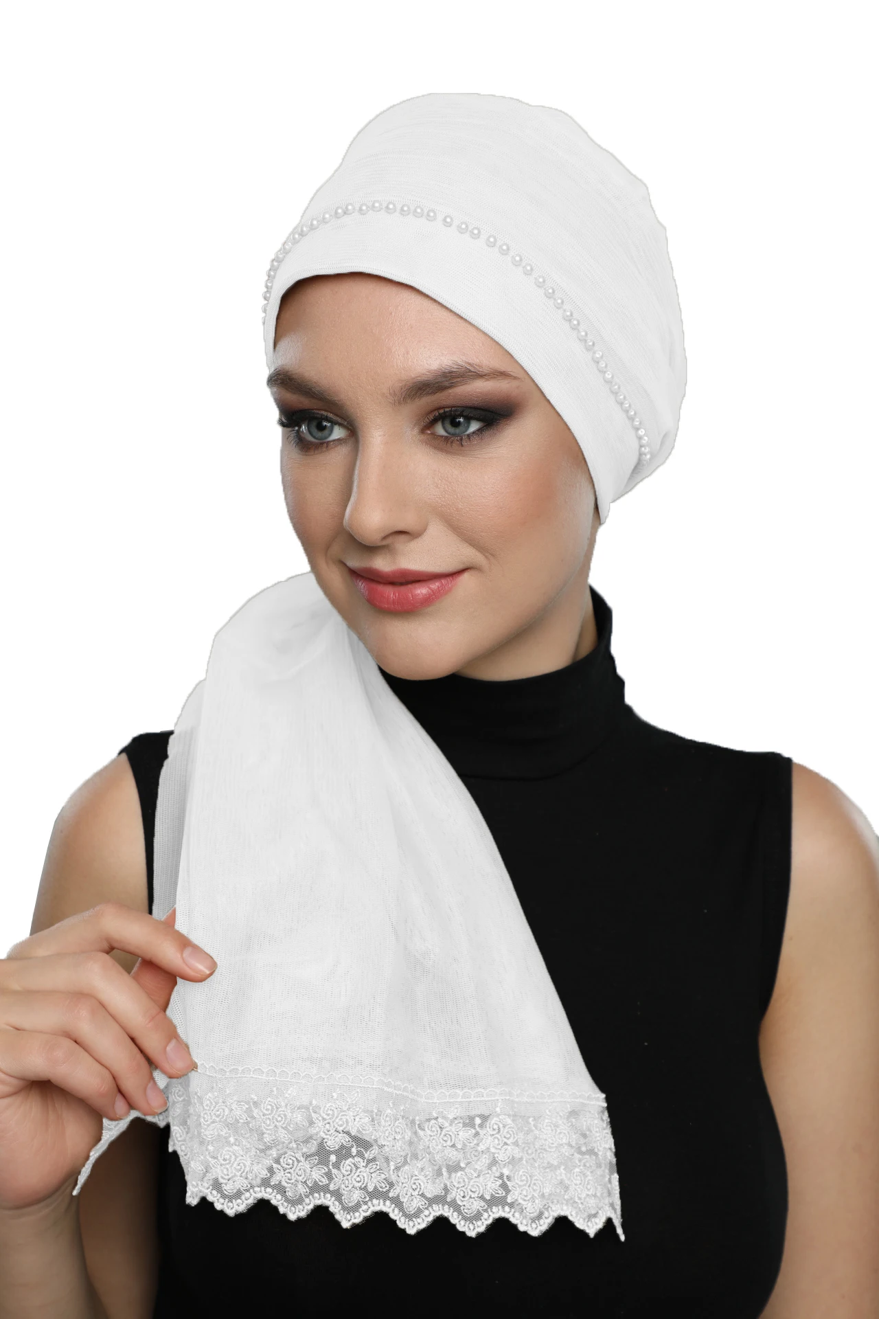 2022 New Fashion Pearls Tulle Tied Tulle Covered Lace Pearl Embroidered Ready Made Turban Hijab Bonnet Scarf Cancer Cap Special Women Product Beret Bandana Muslim