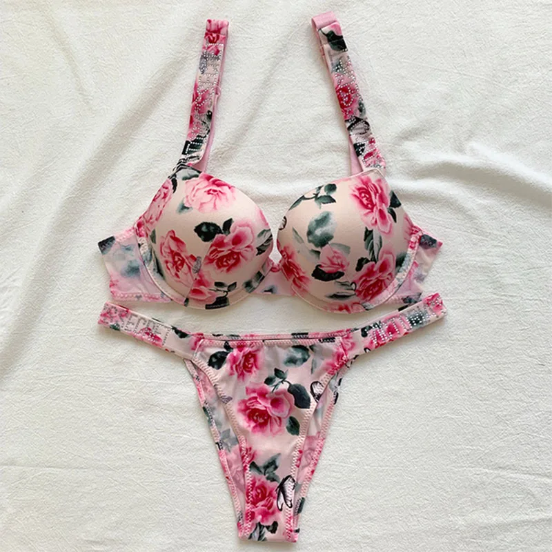 Victoria's Secret Women Sexy Rhinestones Comfortable Lingerie Femme Push Up Underclothes Bra And Panties 2 Piece Set Underwear