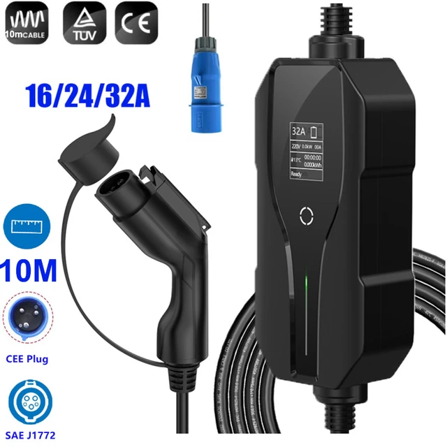 Chargeur de véhicule électrique portable, câble de charge de voiture EVSE,  prise CEE 220-240V, IEC 62196-2, 32 A, type 2, 10m, 7,4 kW - AliExpress