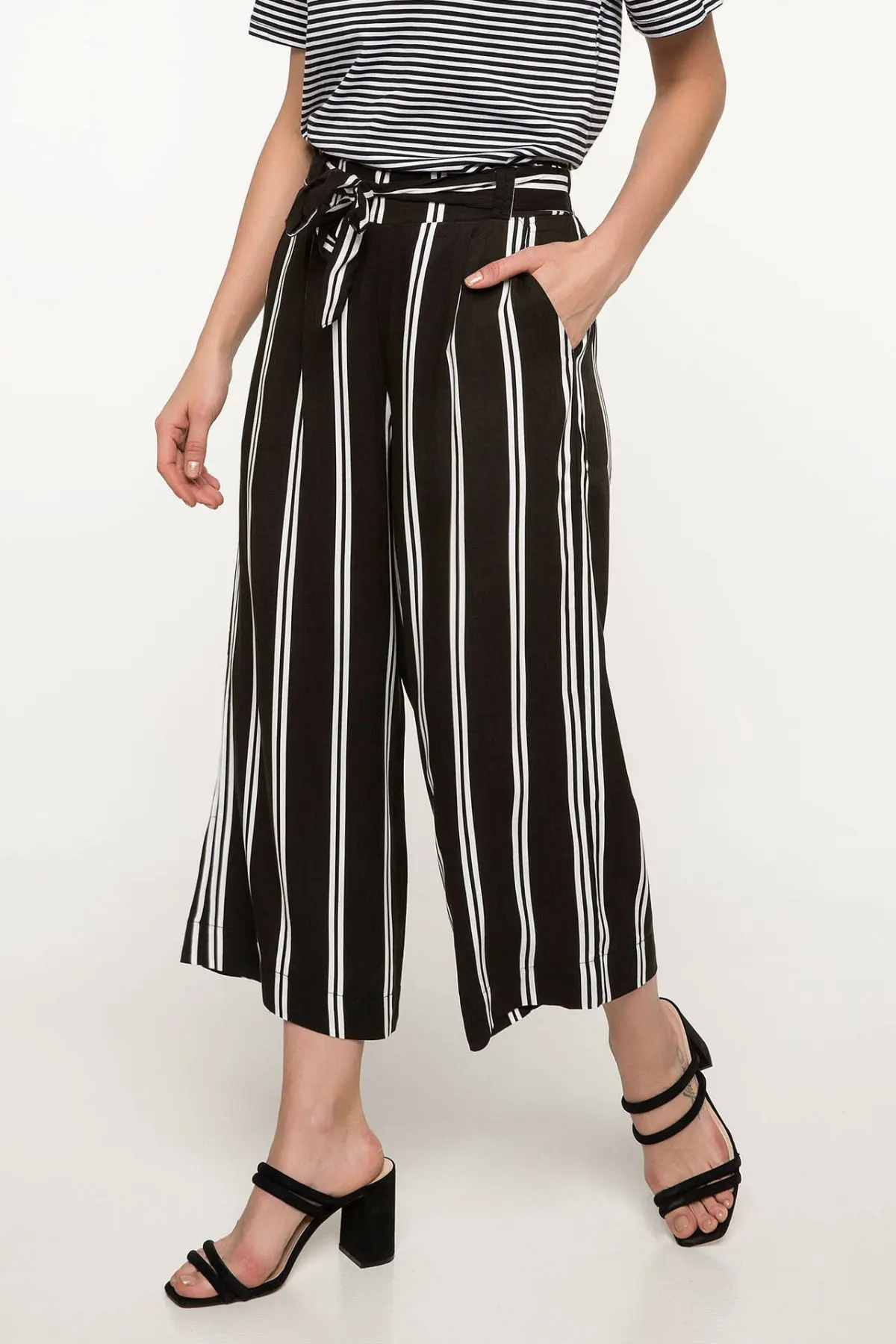 

DeFacto Fashion Woman Elegant Trousers Female Striped Wide-leg Crop Pants Ladies Casual Belts Comfort Spring - I7722AZ18SM