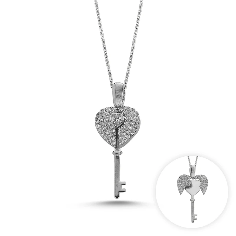 

Silver 925 Sterling Zircon Cubic Zirconia Moving Heart & Key Pendant