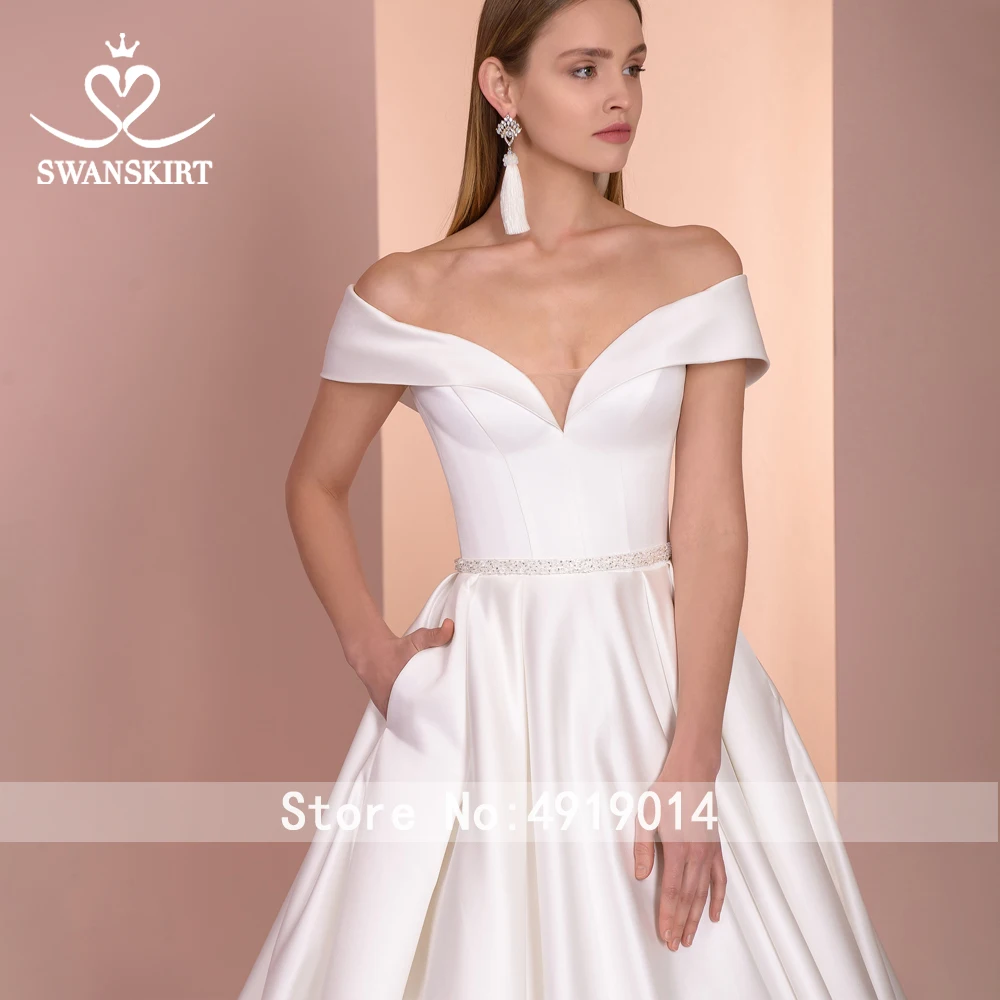Сатиновое свадебное платье с открытыми плечами, шикарная юбка, пояс с кристаллами, а-силуэт, жемчуг, шнуровка, свадебное платье для невесты, Vestido De Noiva SY03