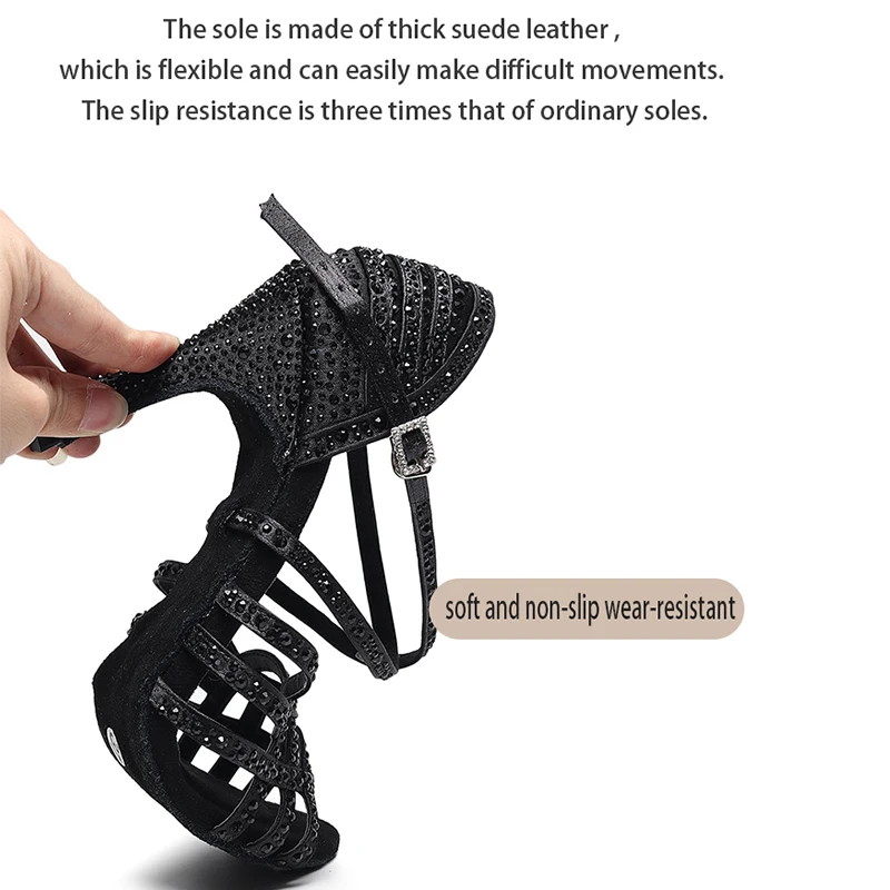 Woman black Strappy latin dance shoes for gilrs rhiestone ballroom Performance Dance Shoes girls Suede Sole latino shoes