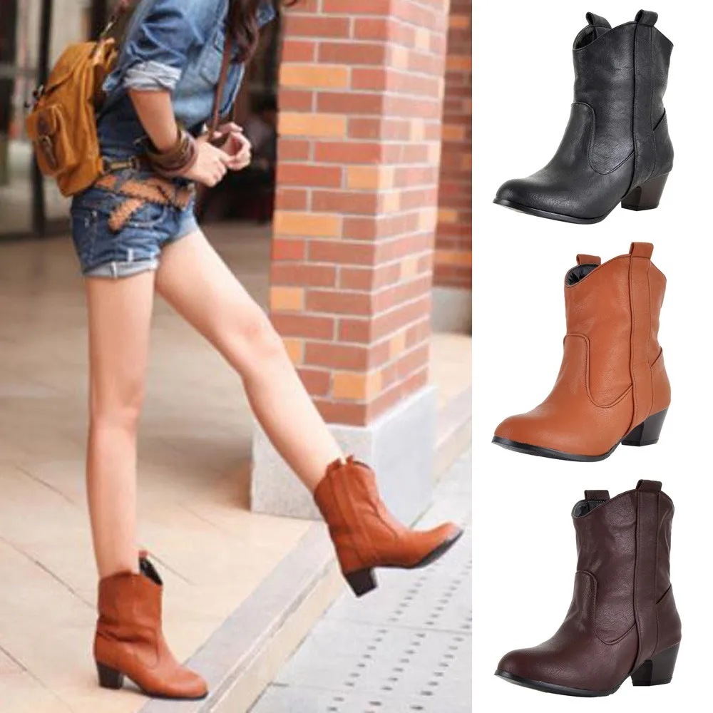 

Women PU Solid Low Spike Heel Boots Flat Ankle Knitting Wools Warm Boots for women ladies Fits autumn and winter Leisure shoes