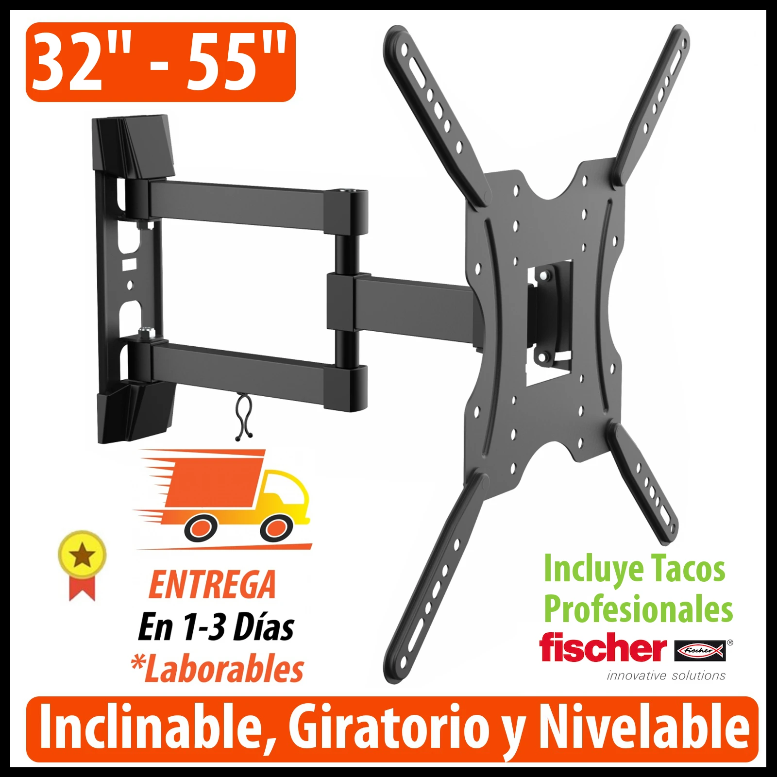 Soporte de TV para Pared Inclinable y Giratorio LCD LED Plasma Oled para Televisión de 32 hasta 55 Pulgadas 30kg.