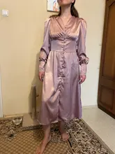 A-Line Dress V-Neck Spring Bishop-Sleeve Satin Simplee Chic Elegant Vintage High-Waist