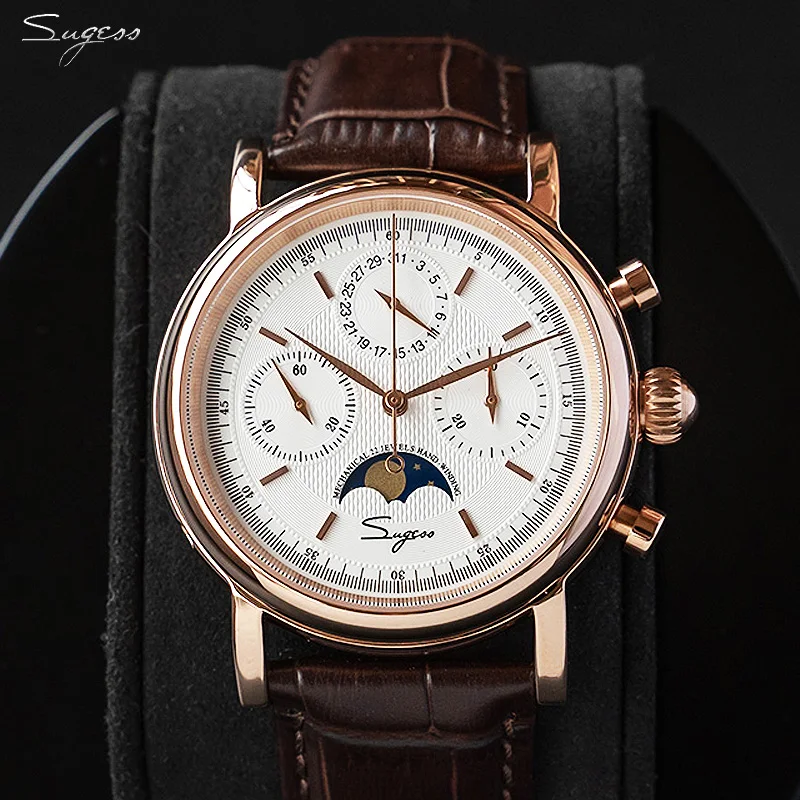 Sugess Orologio Meccanico Da Uomo Originale St1908 Movimento Cronografo Vintage Moonphase Cinturino In Vera Pelle Impermeabile 50Atm St19