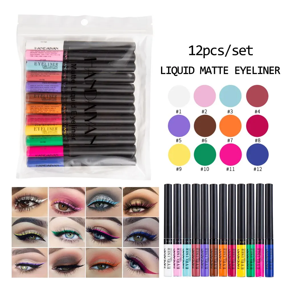 

HANDAIYAN 12PCS Colorful Liquid Eyeliner Matte Tint Quikly Dry Waterproof Liquid Eyeliner Kit Brown Color Eye Liner Makeup TSLM2