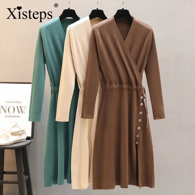 

Xisteps Solid Women Knitted Sweater Dress Long Sleeve V Neck Side Leg Button Bandage Dress Elegant Female 2020 Autumn Winter