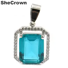 26x16 мм Классический создан прямоугольник насыщенного синего цвета Аквамарин Белый CZ подарок для девочек серебряный кулон