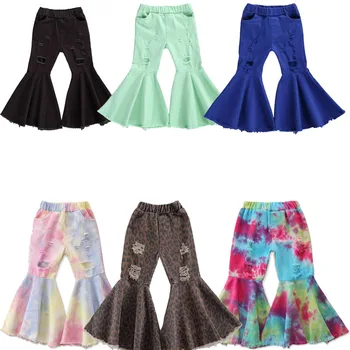 

Baby Girl Flare Trousers Hole Design Elastic Waist With Pocket Children Spring and Fall Flare Pants Bell-bottomed Pants Clothing