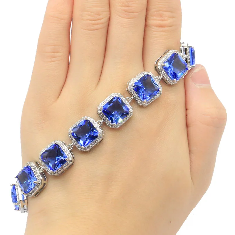 

14x14mm Deluxe 10x10mm 31.5g Created Violet Tanzanite Woman's Party Silver Bracelet 8.5-9.5inch