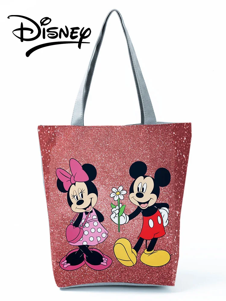 Disney Mickey Minnie Printed Handbag Portable Shoulder Bag Cartoon High Capacity Shopping Bag Red Storage Bag Women Beach Bag