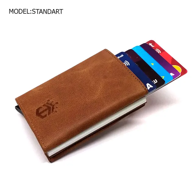 Smart Wallet Business Card Holder Real Cow Leather Handmade Smart Automatic Card Holder Men Gift Standart Tan