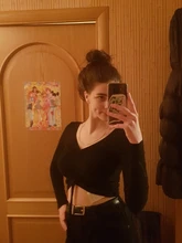 Cropped T-Shirt Ribbed Aproms Drawstring Slim Sexy Elegant V-Neck Women Solid Tie-Up