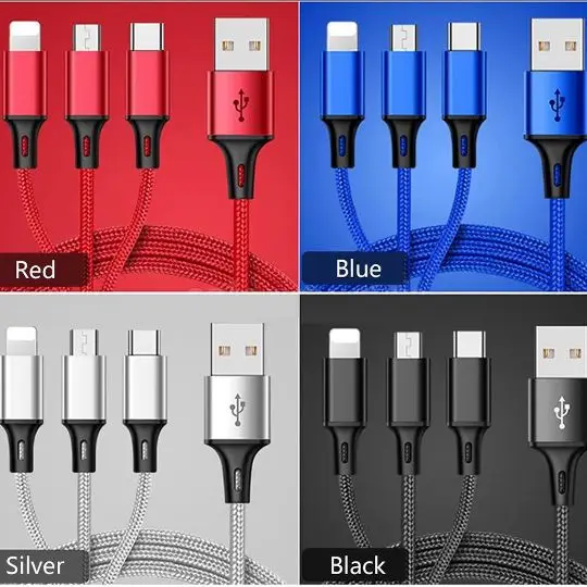 USB кабель 3в1 iPhone(5/6/7/8/X)/microUSB/type-c материал "THIN"