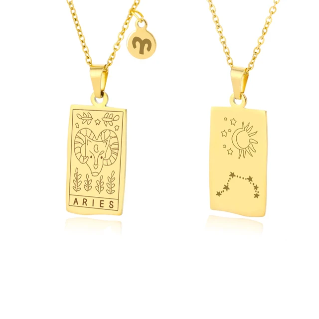 Vintage Zodiac Necklace For Women Gold Stainless Steel Constellation Aquarius Pisces Leo Chain Choker Necklace Goth Jewelry Gift Aries