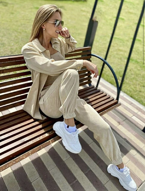 Fashion Women's corduroy suit with pants, sports style, button down shirt, loose, casual corduroy suit, oversize Beige (lighter)