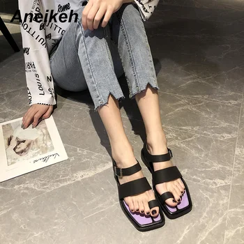 

Aneikeh 2020 Fashion Summer Gladiator Sexy Flat bottom Sandals Shoes Woman Peep Toe Square head Buckle Leisure time Party Shoes
