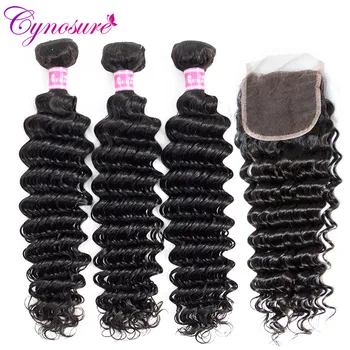 

Cynosure Remy Human Hair Deep Wave Bundles with Closure Natural Black Brazilian Hair Weave Bundles with Closure