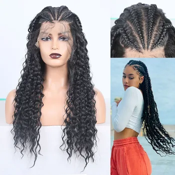 

RONGDUOYI Black Hair Braided Box Braids Wig Long Heat Fiber Hair Synthetic Lace Front Wigs for Women Deep Part 13X6 Lace Wig