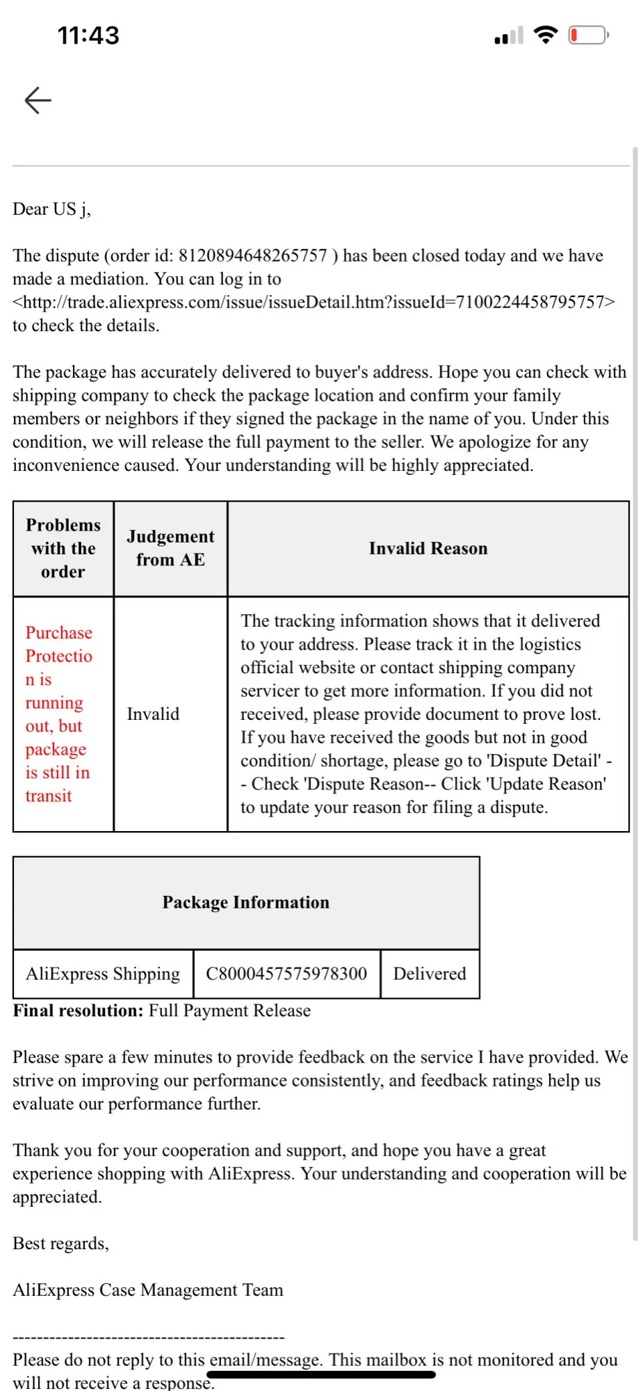 Best Regards Aliexpress Case Management Team — Алиэкспресс