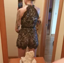 Mono de encaje con cuello Halter para mujer, peto Bodycon, pantalones cortos