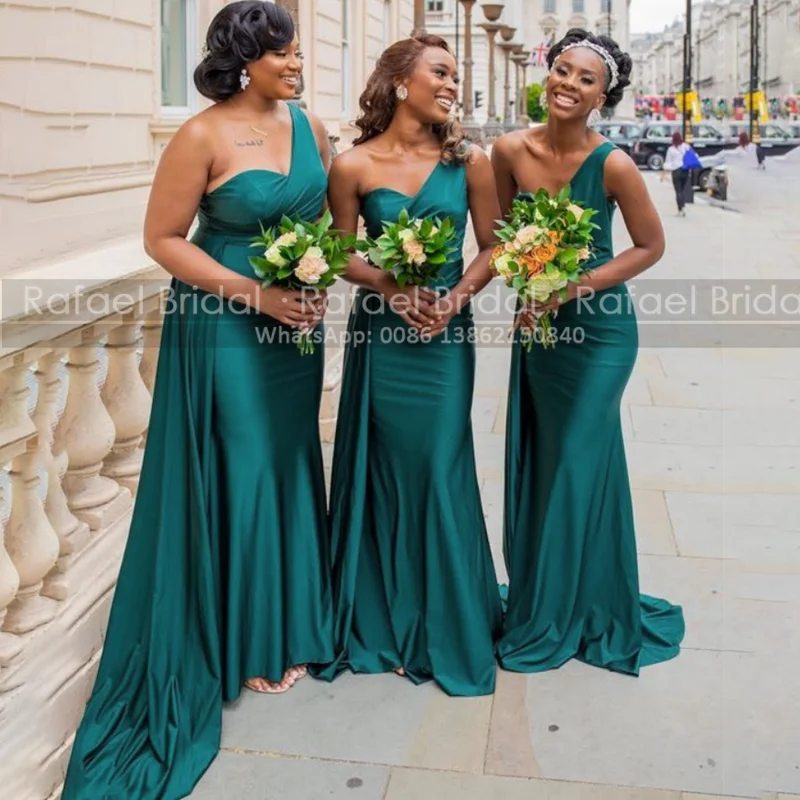 Emerald Green Mermaid Bridesmaid Dresses Stylish Streamer One Shoulder