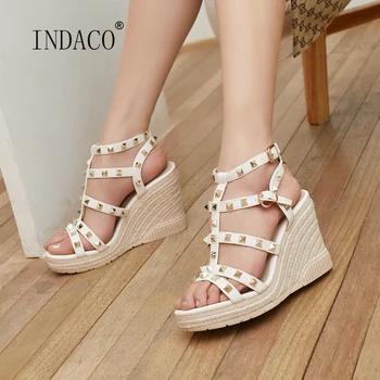 

Wedge Sandals 2020 Genuine Leather Rivets Women Summer Shoes Rhinetone Sandals Women 9cm