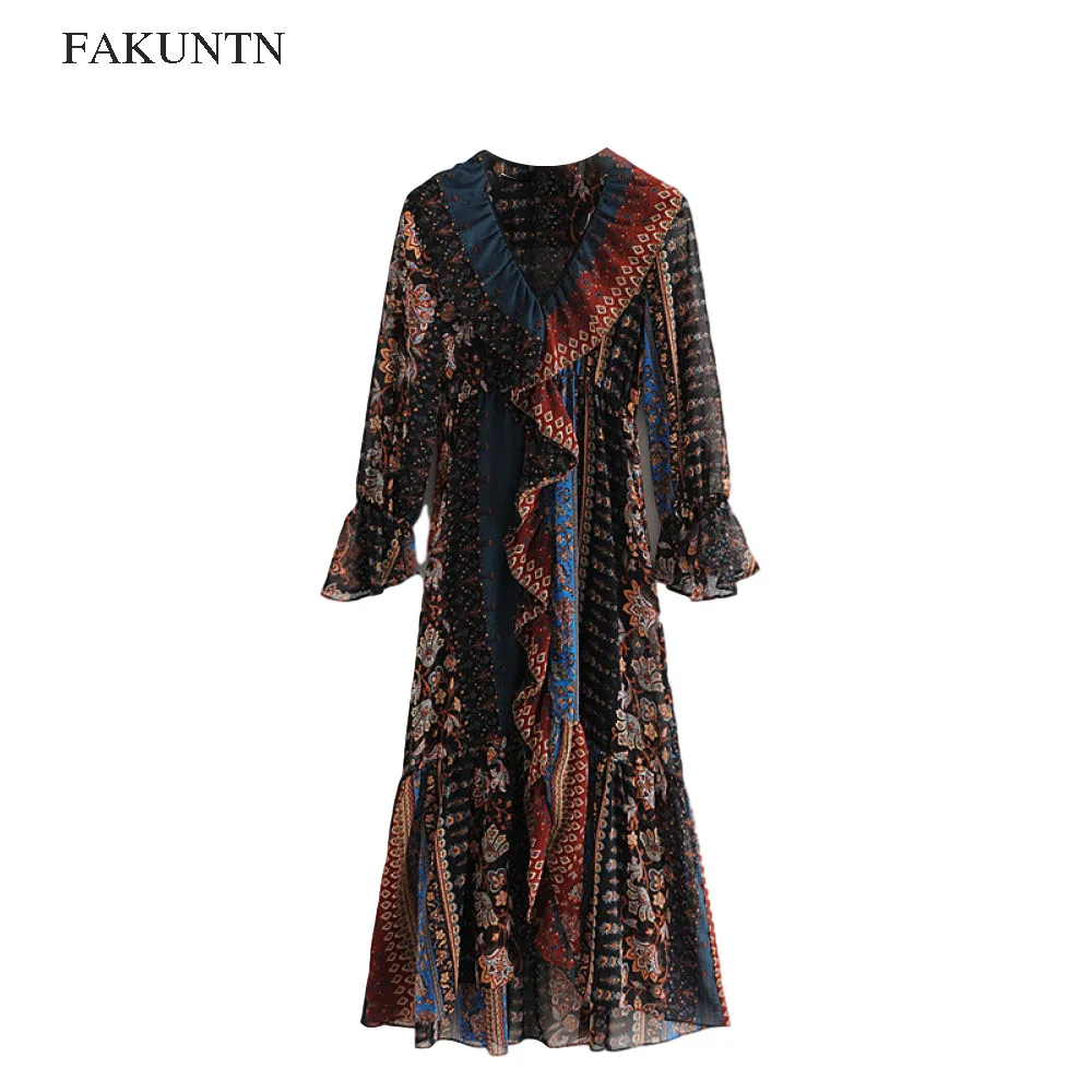 

Women Ruffle Printing Dress 2020 Autumn New Sexy V-Neck Vintage Long Sleeve Dress Fashion All-Match Ladies Long Dresses Vestido