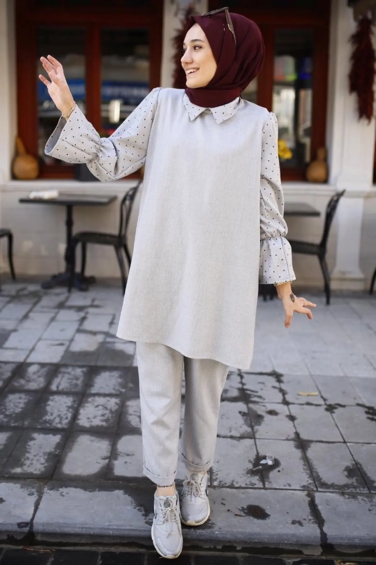 Musulmana traje de Abayas vestido Hijab Grey 2 piezas inferior superior de la 4 temporada ropa islámica caftán Ramadán Dubai Hecho en Turquía