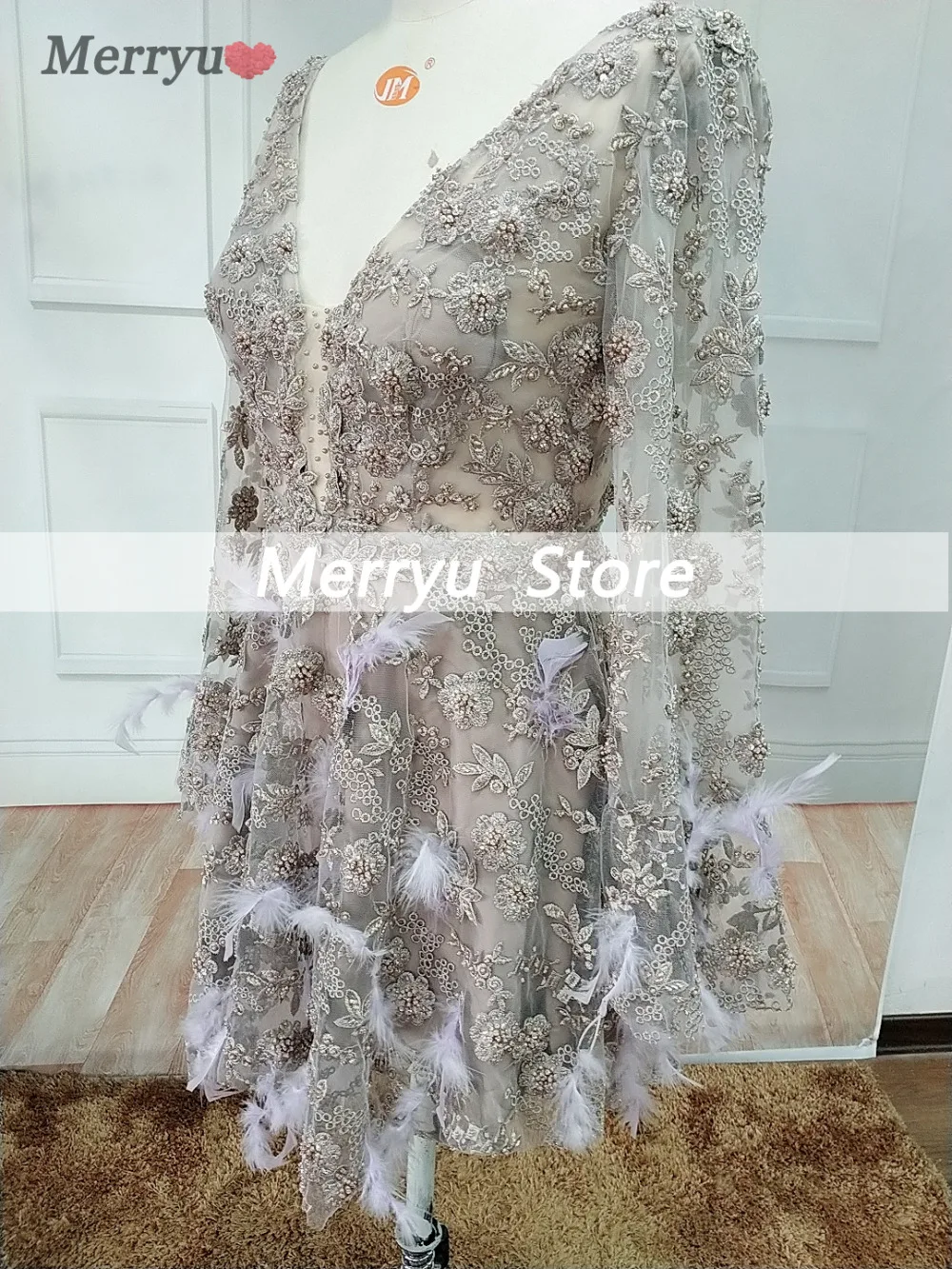 long sleeve prom dresses Long Sleeve 2020 Cocktail Dresses Sexy Short Deep V Neck Flowers Beads Prom Dress See Through Crystal Mini Evening Gowns mini prom & dance dresses