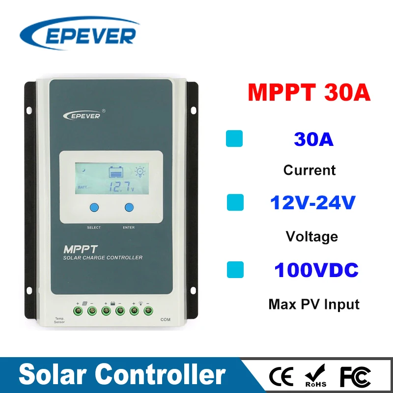 30A Battery Controller,12V/24V Auto MPPT Solar Charge Panel Regulator with LCD Display Maximum Power Point Tracking Battery
