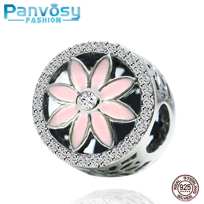 

2020 Pink Flower Silver 925 Beads Fit Pandora Charms Silver 925 Original Bracelet Pendants Round Shape Jewelry Making DIY Gift