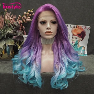 Imstyle Ombre Purple Blue Wig Synthetic Lace Front Wig Natural Wavy Wig Multicolor Cosplay Wigs For Women Heat Resistant Fiber
