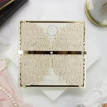 

DIY Kit Pack of Wedding Invitation Laser Cut Gatefold Cream Foil Band Belly Band Envelope Square Cream Do It Yourself Stationery