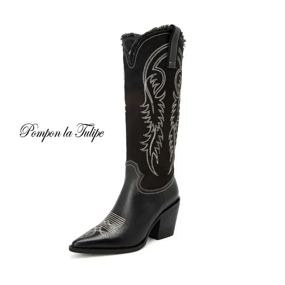 

ZZ 941150 Fancy Genuine Leather Embroidered Knee high Women Boots Pointy Toe Spike Kitten heels Winter Long Boots Knight Boots
