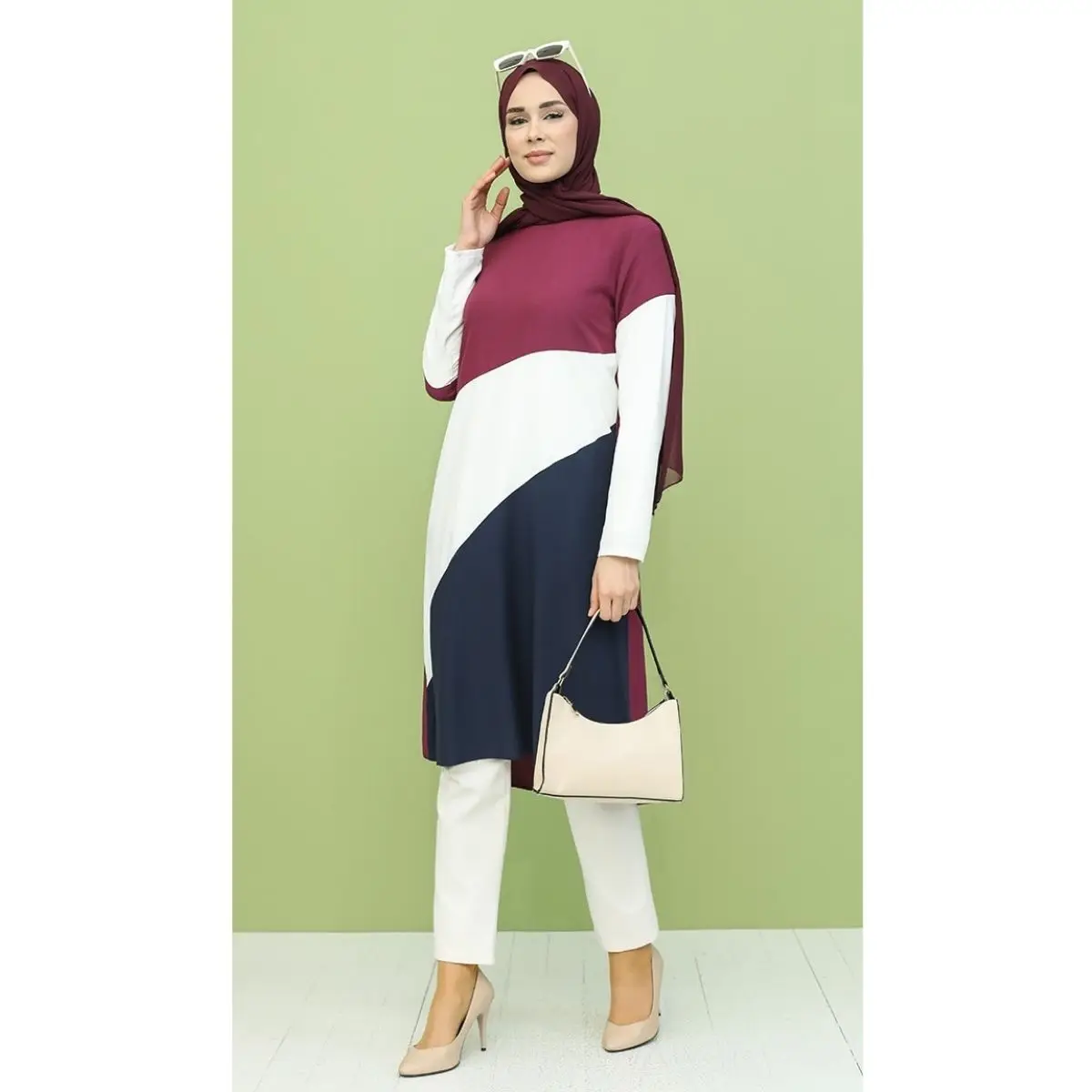 Three Piece Viscose Tunic Straight Unlined Long Sleeve Zero Collar Women Muslim Fashion Hijab Clothing Seasonal Casual