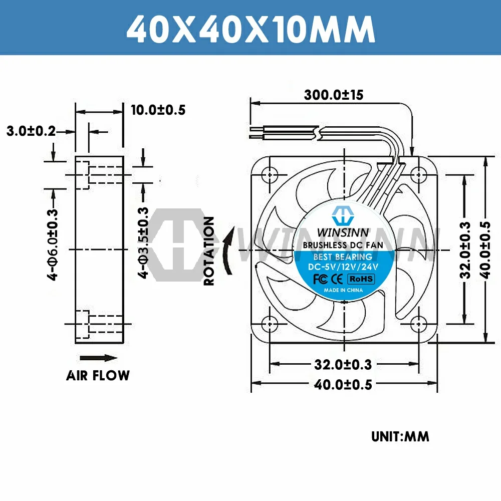 Winsinn-ventilador de Refrigeração sem Escova com Rolamento Hidráulico Led Colorido dc 5v 12v 24v 40x10 mm 2pin 4010 4-pack - Imagem 5