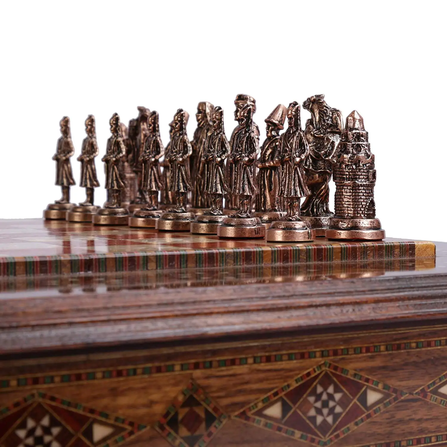 US $499.90 Ottoman vs Byzantine Antique Copper Figures Metal Chess Set Handmade Pieces Natural Solid Wooden Chess Board Storage Inside 7 cm